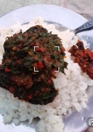 A picture of White rice with vegetable soup.