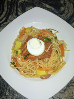 A picture of Fried spaghetti with sardine sauce 🍝🌹.