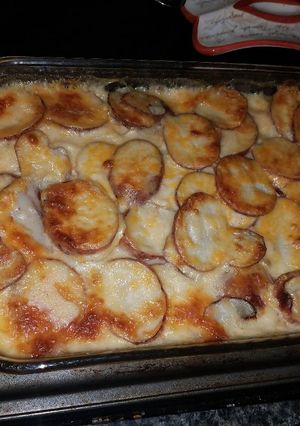 A picture of Scalloped potatoes with onions.