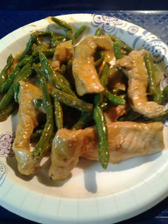 A picture of Green Beans and Marinated Pork Strips.