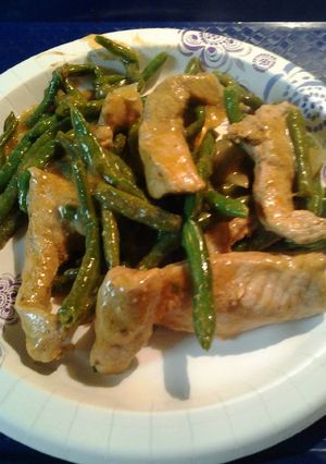 A picture of Green Beans and Marinated Pork Strips.