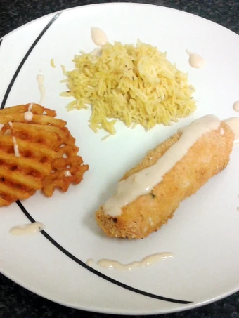 Easy Way Make Recipe chicken roll with a cream spiced fillin, paprika rice, crispy potato slice &amp; four cheese sauce that is So Delicious, Really Delicious}