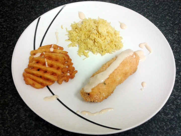 Easy Way Make Recipe chicken roll with a cream spiced fillin, paprika rice, crispy potato slice &amp;amp; four cheese sauce that is So Delicious, Really Delicious}