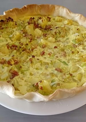 A picture of Leek, Plant-Based Bacon, and Potato Quiche.
