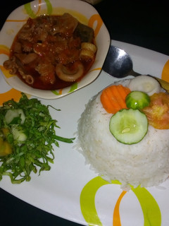A picture of White rice with stew and salad.
