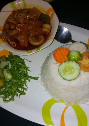 A picture of White rice with stew and salad.