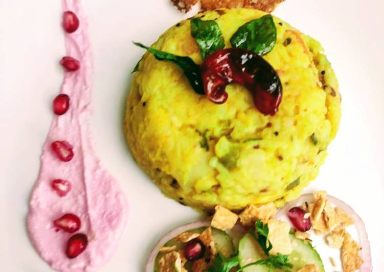 Masala khichdi with pomegranate raita