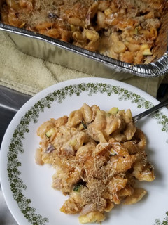 A picture of Cheesy Tuna BBQ Mac n Cheese with Zucchini.
