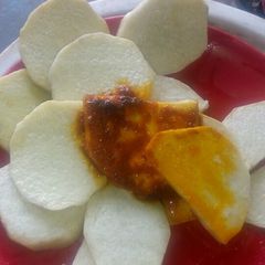 A picture of Fried yam and stew.