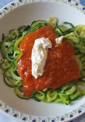 A picture of Zucchini Noodles with Tomato Sauce and Cream Cheese.