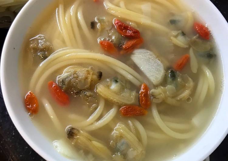 Cara Gampang Membuat Sup spaghetti kerang dan goji berry (Chinese style) Anti Gagal