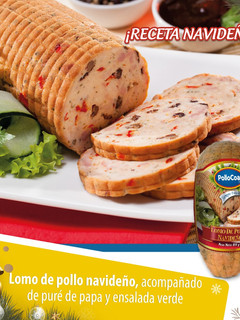 Una foto de Lomo navideño acompañado de puré de papa y ensalada verde
