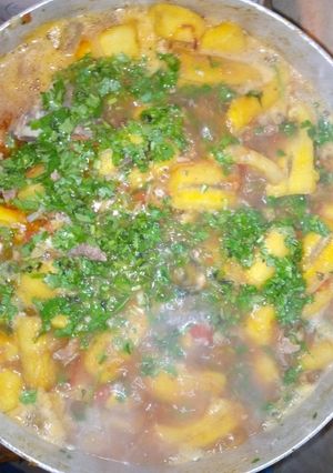 A picture of Raw Plantains with Beef.