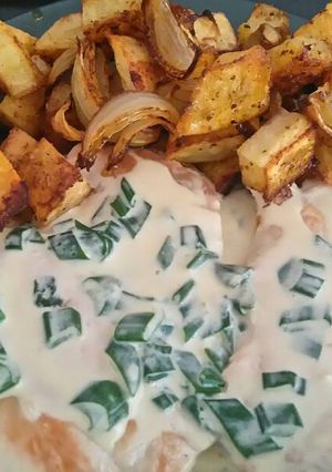 Una foto de Pollo al verdeo con papas