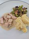 Creamy Salmon with Mashed Potato and Sauteed Mushroom Asparagus