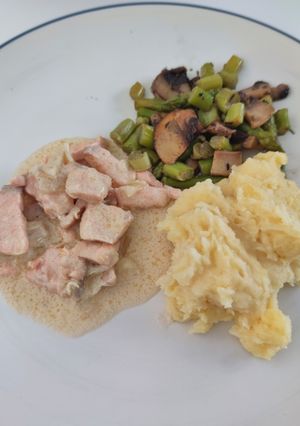 Foto resep Creamy Salmon with Mashed Potato and Sauteed Mushroom Asparagus