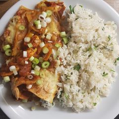 Vegetarian enchiladas with coriander lime rice A picture of Vegetarian enchiladas with coriander lime rice.