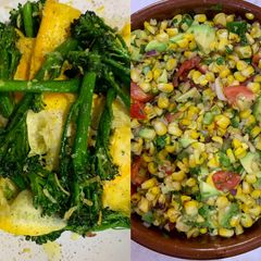 A picture of 2 sunny summer salads.