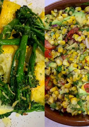 A picture of 2 sunny summer salads.