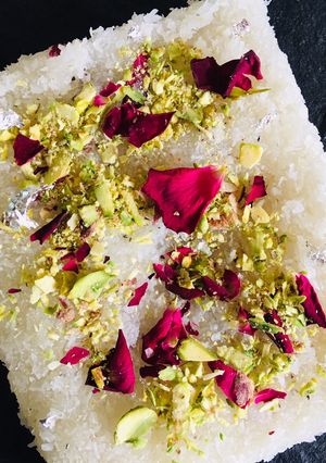 A picture of Rose coconut Halwa.