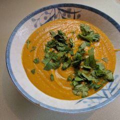 A picture of Kumara and carrot lentil curry soup.