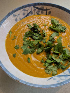A picture of Kumara and carrot lentil curry soup.
