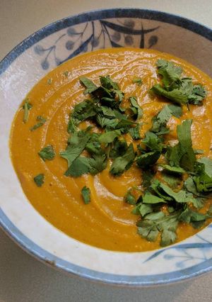 A picture of Kumara and carrot lentil curry soup.