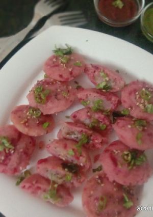 A picture of Stuffed beetroot Mini Idli.