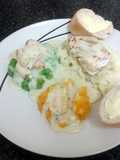 lemon & chilli cod loin with butternut squash & sweetcorm mash, minted peas, creamy potato & cream sauce