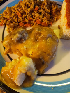 A picture of Mashed potatoes and Gravy Surprise.