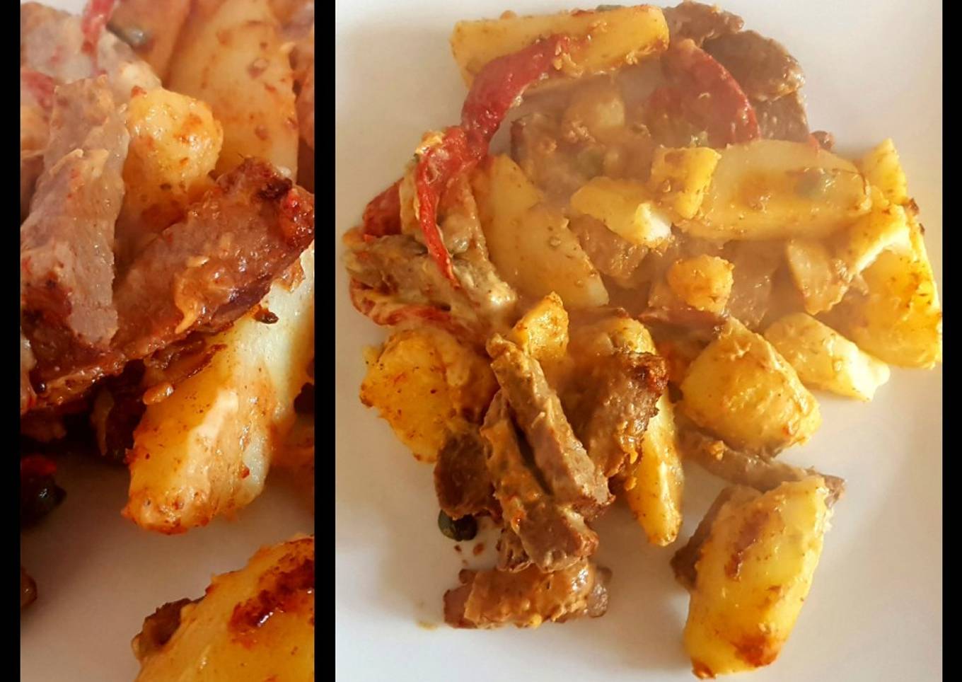 Salteado de carne y papas, con alcaparras