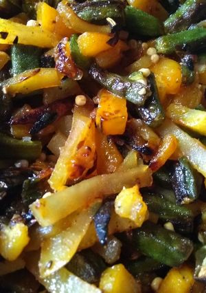 A picture of Okra potato pumpkin stir fry.