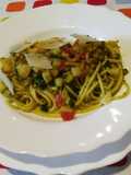 Spaghetti with Leek and Broccoli Pesto and Garden Vegetables