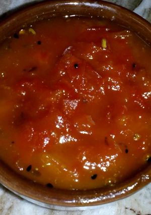 A picture of Tomato aam papad dates chutney.