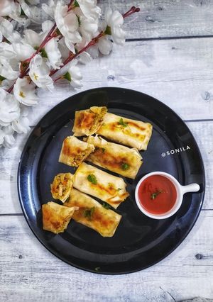 A picture of Crispy pan fried chicken spring roll.