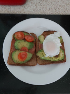 A picture of My Grilled Chopped Pork, Avocado,Tomato & Poached Egg on Toast.