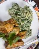 Grilled chicken with spinach carbonara
