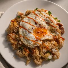Chinese Sausage Rice with Fried Egg A picture of Chinese Sausage Rice with Fried Egg.