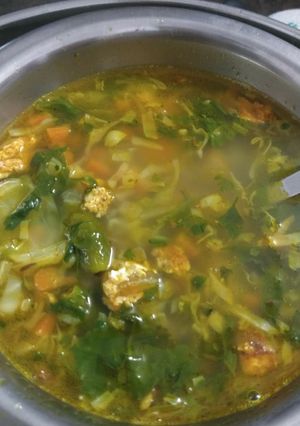 A picture of Vegetable soup with egg drops.