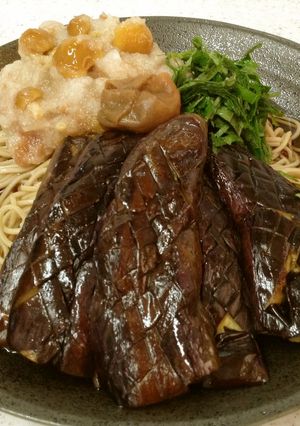A picture of Chilled Soba with Ume Nametake Daikon and Grilled Eggplant.