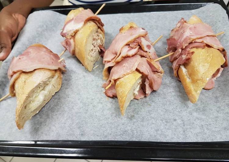 Bacon baguete stuffed with chicken and vanilla milk