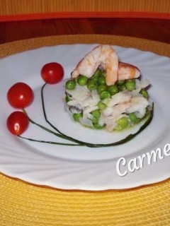 Una foto de Timbal de merluza con guisantes