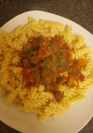 A picture of Yummy lamb and beef goulash.