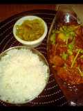 Spicy lanka fish with cabbage n hot steam white rice. Warning! If u cant take spicy food, dont try this at hm..