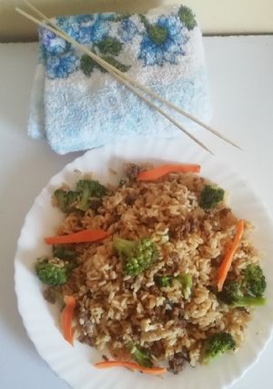 A picture of Mexican Broccoli & ground beef rice#my unique rice recipe.