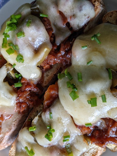 A picture of Toasted beef stew leftovers for lunch.