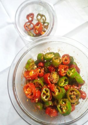 A picture of Red and green chilli pickle.