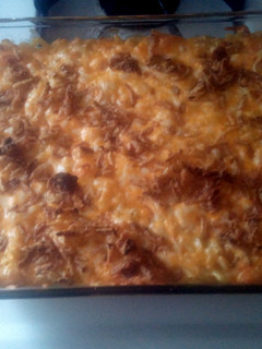 A picture of homemade macaroni and cheese.