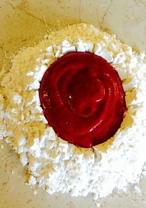 A picture of Portobello stuffed Eggless Beet Ravioli in Herb and Garlic Butter.