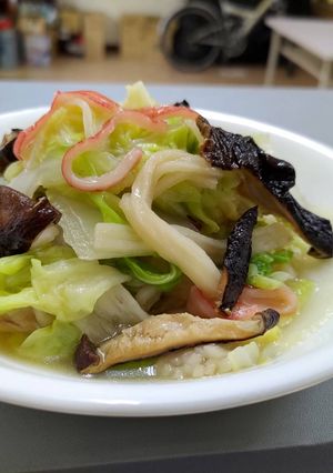 A picture of Crab Stick, Shiitake Mushroom, and Napa Cabbage Stew.